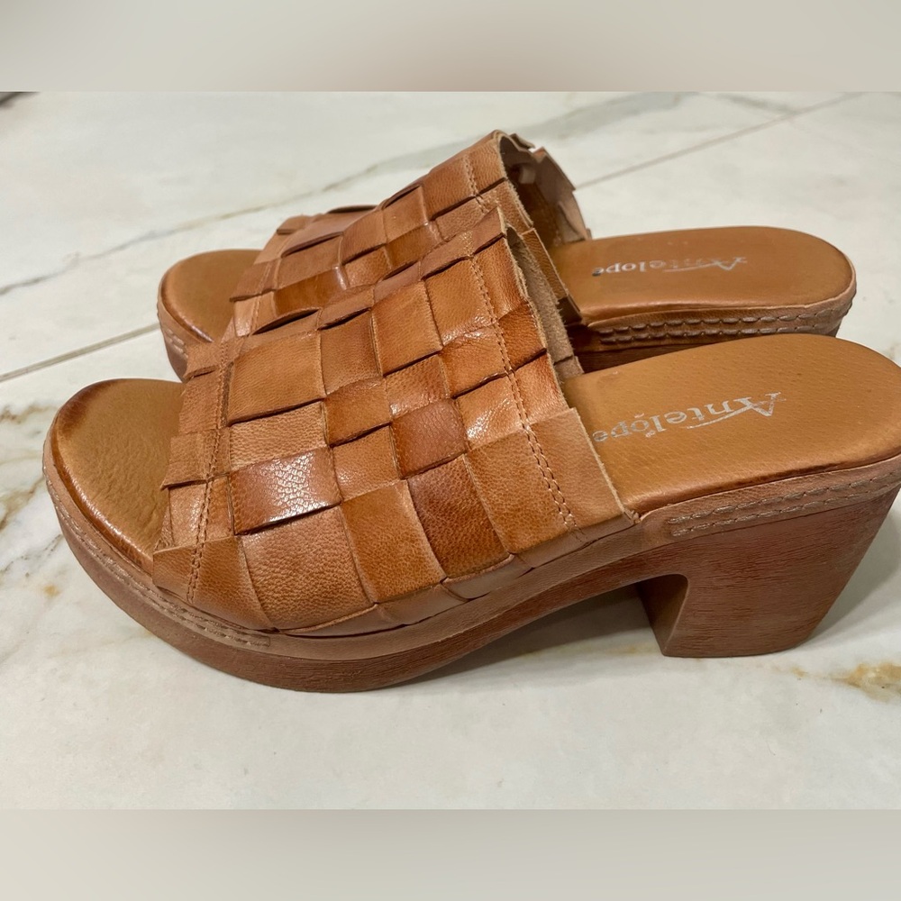Antelope Tamia Leather Woven Heeled Sandals Platform Slide Tan Sz US7.5-8M EU38
